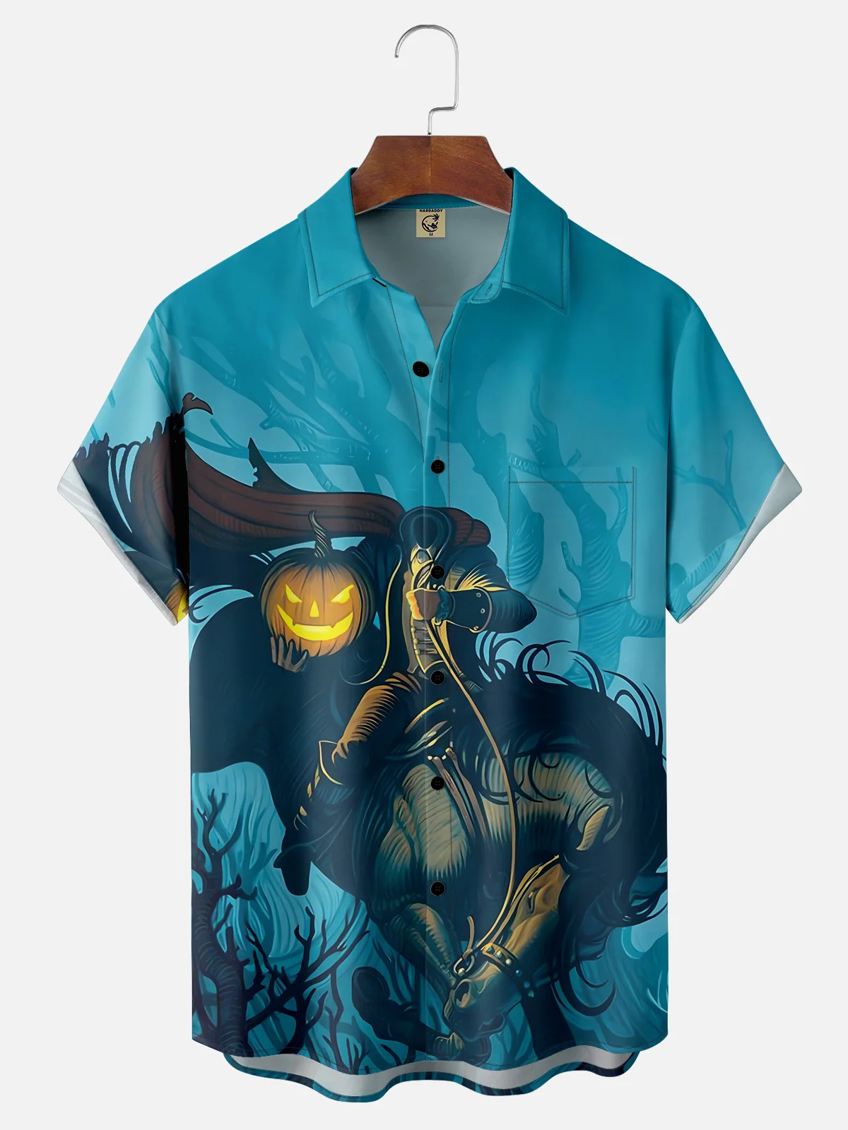 Moisture-wicking Halloween Headless Horseman Art Chest Pocket Hawaiian Shirt