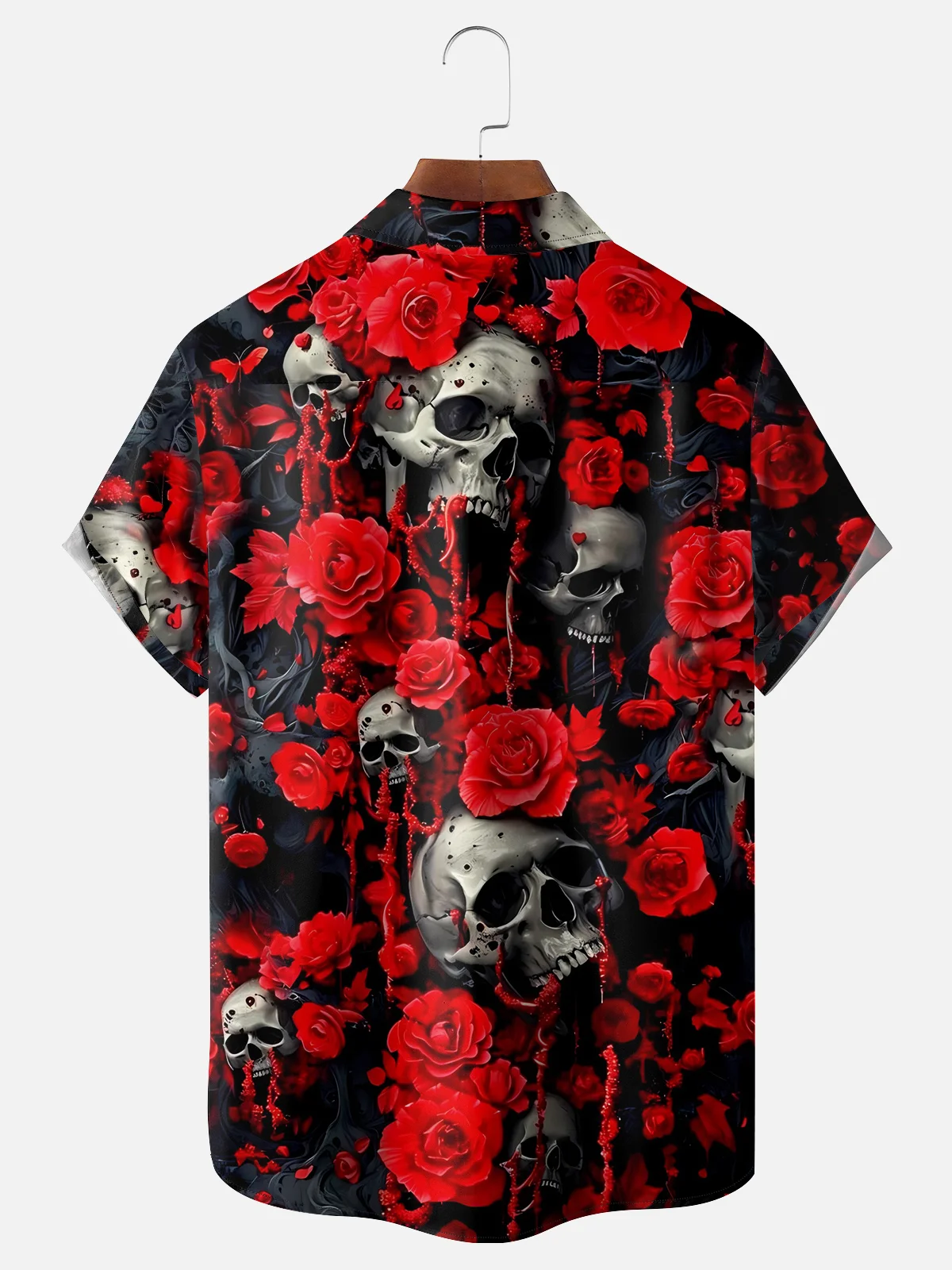 Moisture-wicking Rose Skull Chest Pocket Hawaiian Shirt