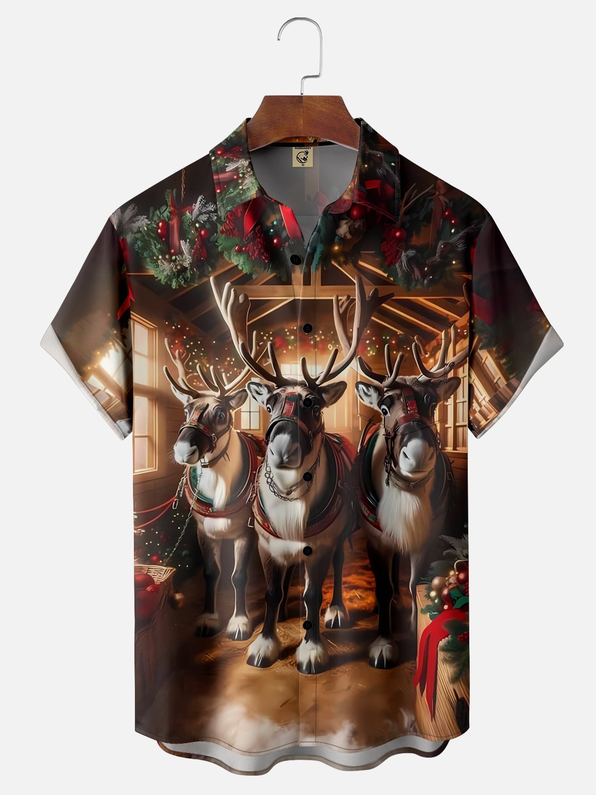 Moisture-wicking Christmas Reindeer Illustration Chest Pocket Hawaiian Shirt