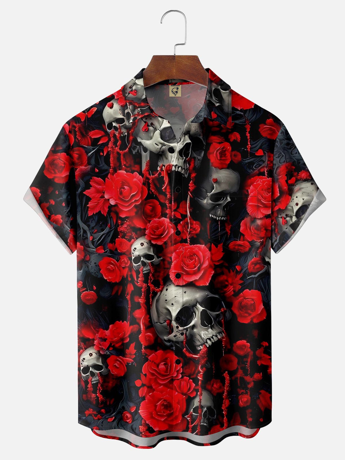 Moisture-wicking Rose Skull Chest Pocket Hawaiian Shirt