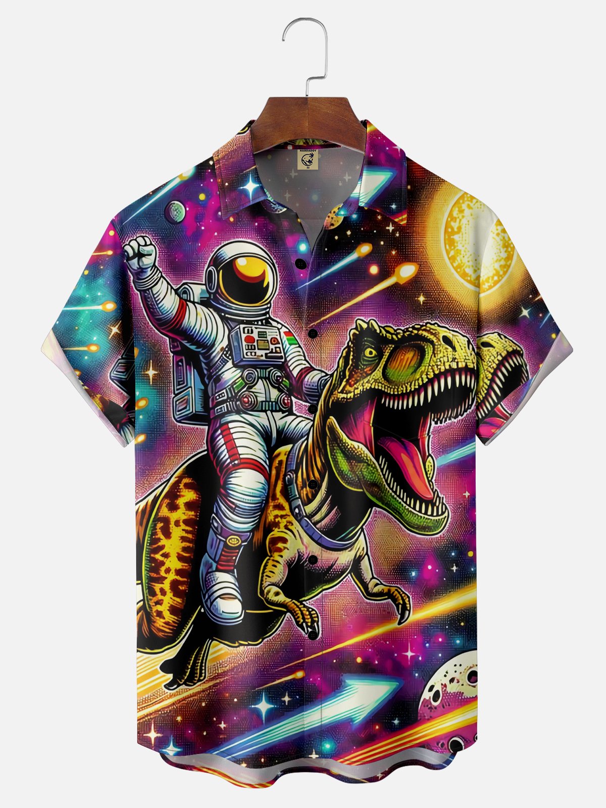 Moisture Wicking Space Dinosaur Astronaut Chest Pocket Hawaiian Shirt