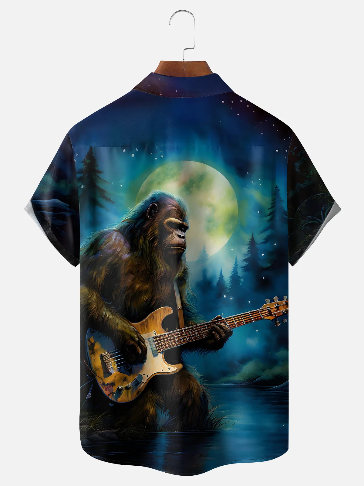 Moisture-wicking Bigfoot playing guitar Chest Pocket Hawaiian Shirt