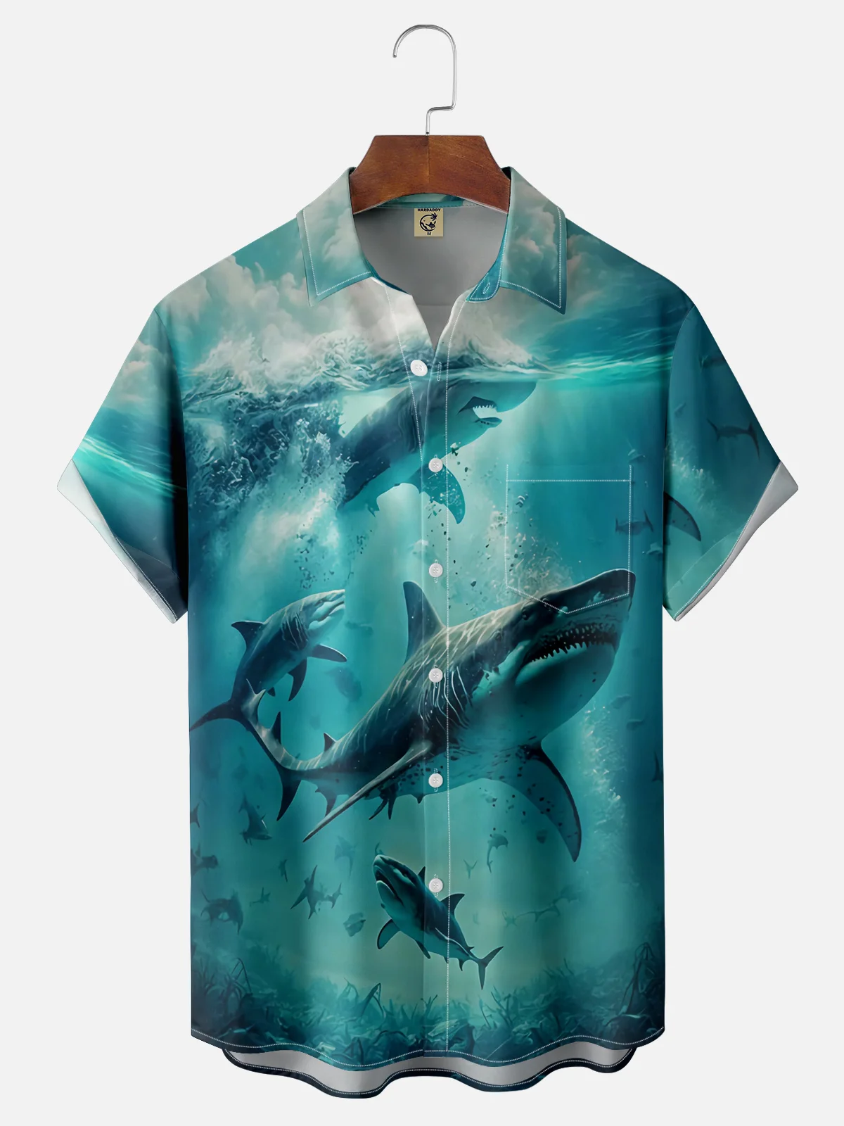 Moisture-wicking Ocean Marine Shark Chest Pocket Hawaiian Shirt