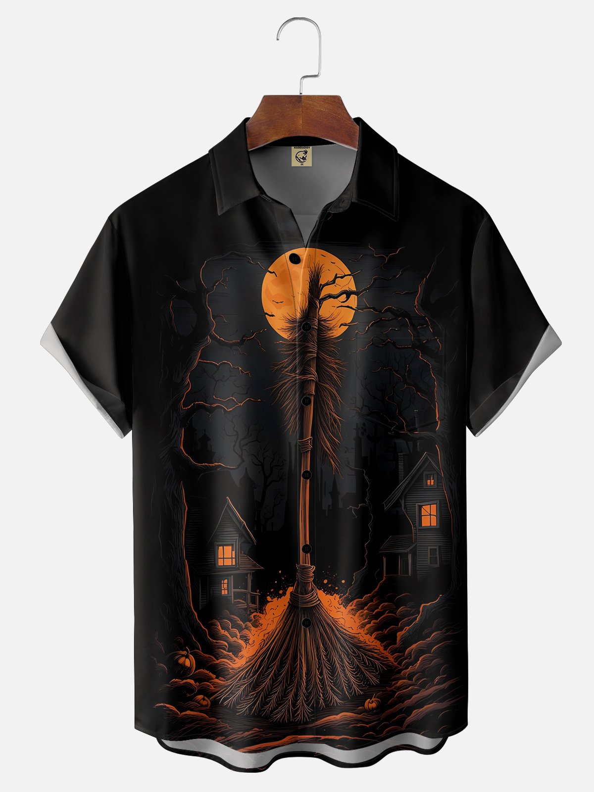 Moisture-wicking Halloween Witch Broom Chest Pocket Hawaiian Shirt