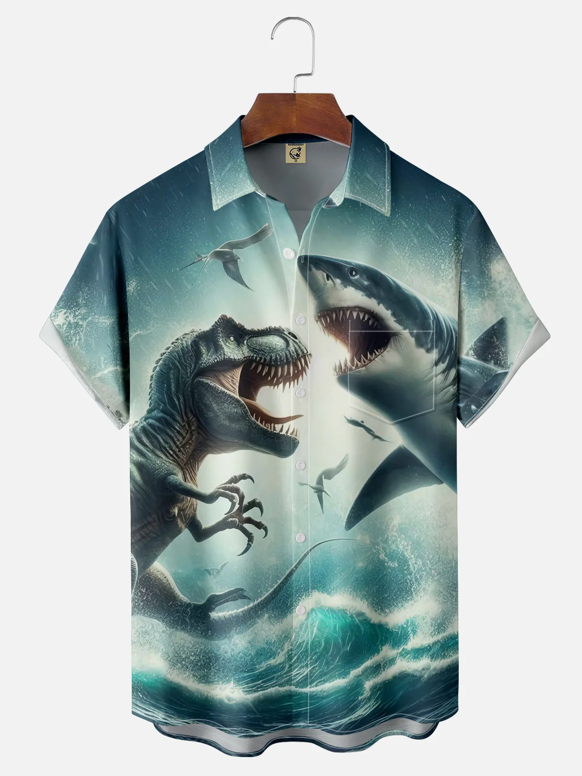 Moisture Wicking Dino Shark Chest Pocket Hawaiian Shirt