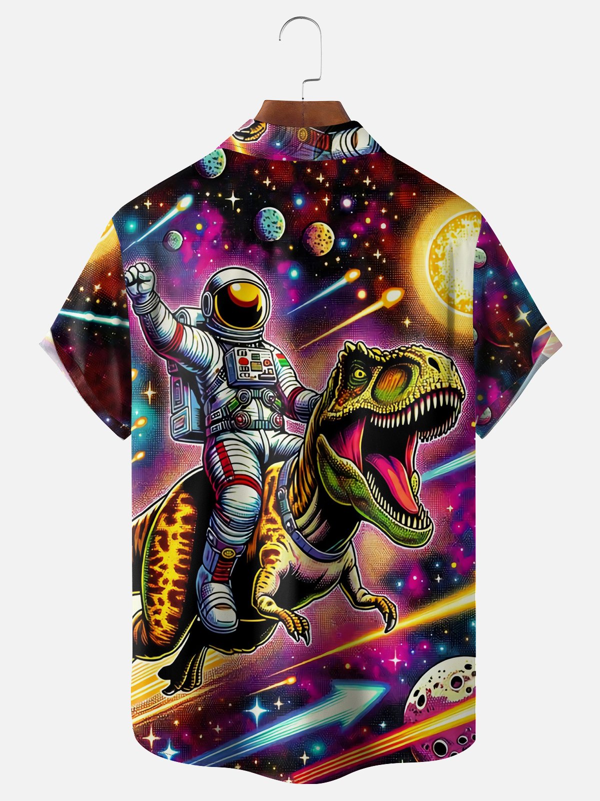 Moisture Wicking Space Dinosaur Astronaut Chest Pocket Hawaiian Shirt