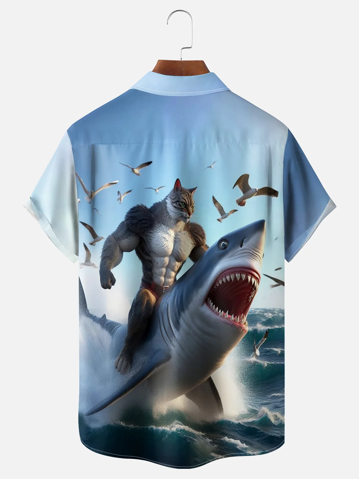 Moisture Wicking Cat Riding Shark Hawaiian Shirt