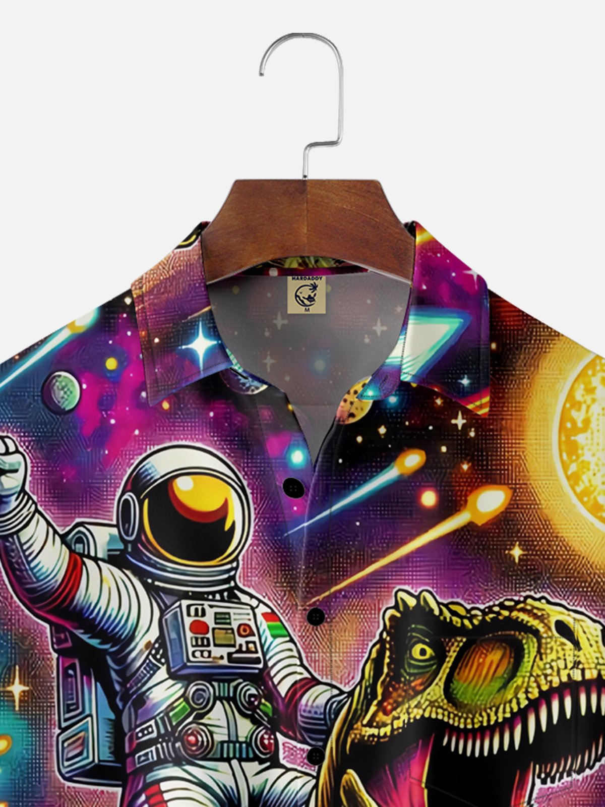 Moisture Wicking Space Dinosaur Astronaut Chest Pocket Hawaiian Shirt