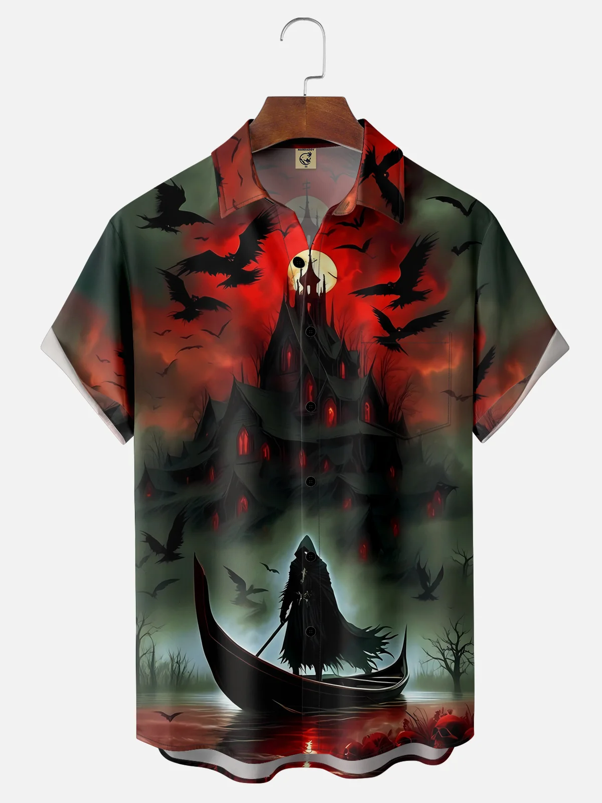 Moisture-wicking Halloween Skeleton Castle Art Painting Chest Pocket Hawaiian Shirt