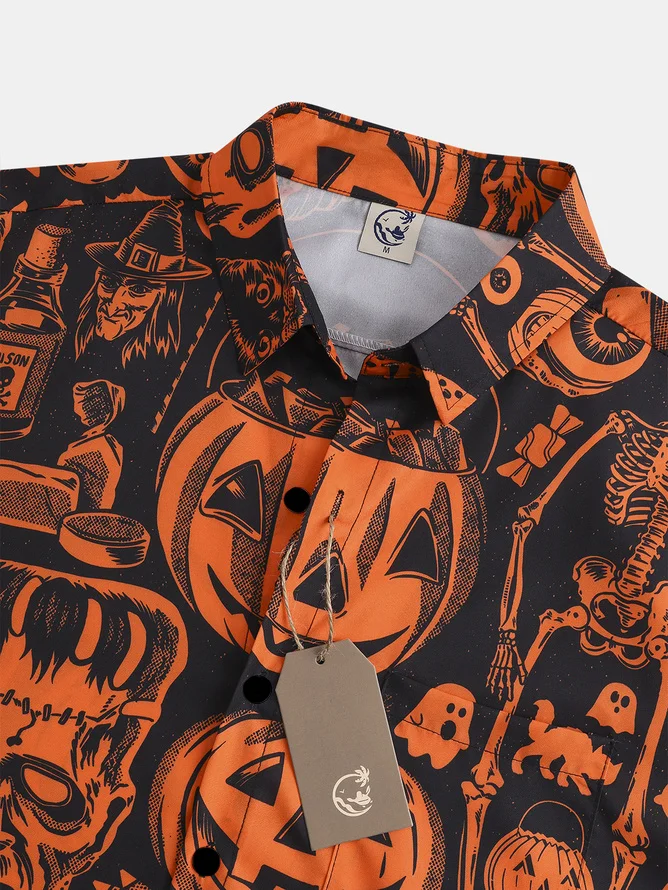 Men's Halloween Print Anti-Wrinkle Moisture Wicking Fabric Fashion Hawaiian Lapel Short Sleeve Shirt