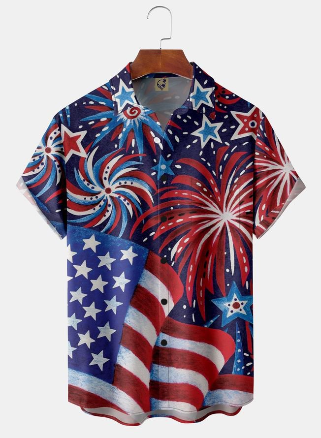 Hardaddy American Flag Chest Pocket Short Sleeve Casual Shirt