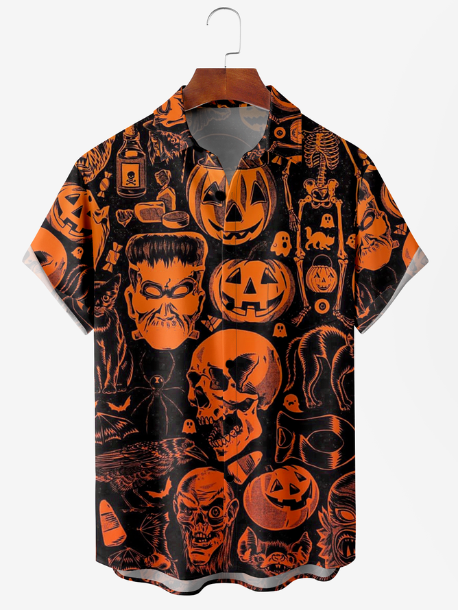 Men's Halloween Print Anti-Wrinkle Moisture Wicking Fabric Fashion Hawaiian Lapel Short Sleeve Shirt