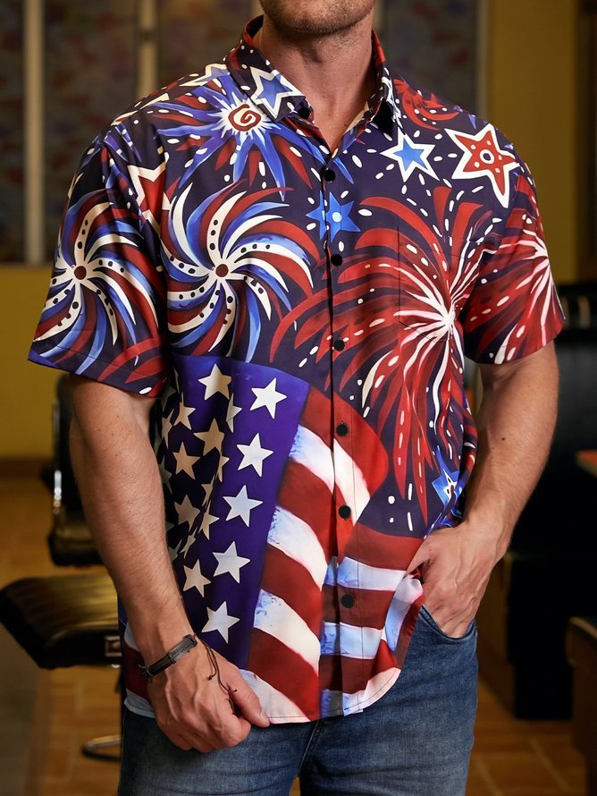 Hardaddy American Flag Chest Pocket Short Sleeve Casual Shirt