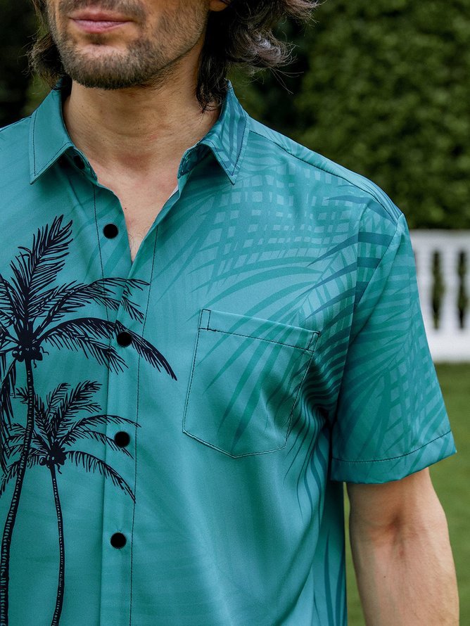 Hardaddy Coconut Tree Chest Pocket Short Sleeve Hawaiian Shirt