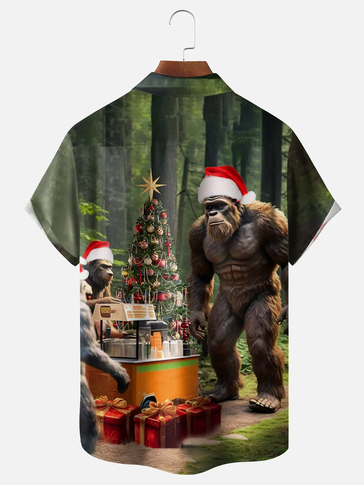 Moisture-wicking Bigfoot Christmas Party Chest Pocket Hawaiian Shirt