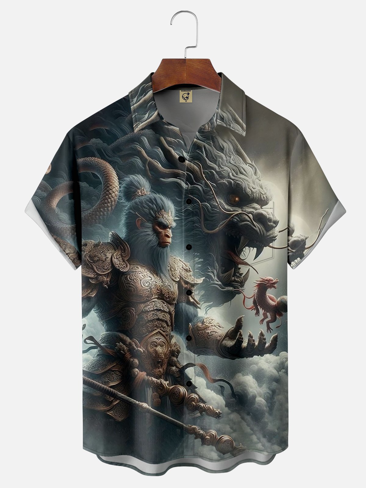 Moisture-wicking WUKONG and Dragon Art Chest Pocket Hawaiian Shirt