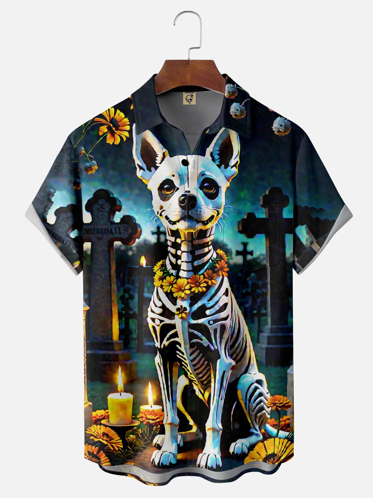 Moisture-wicking Day of the Dead Skeleton Dog Chest Pocket Hawaiian Shirt