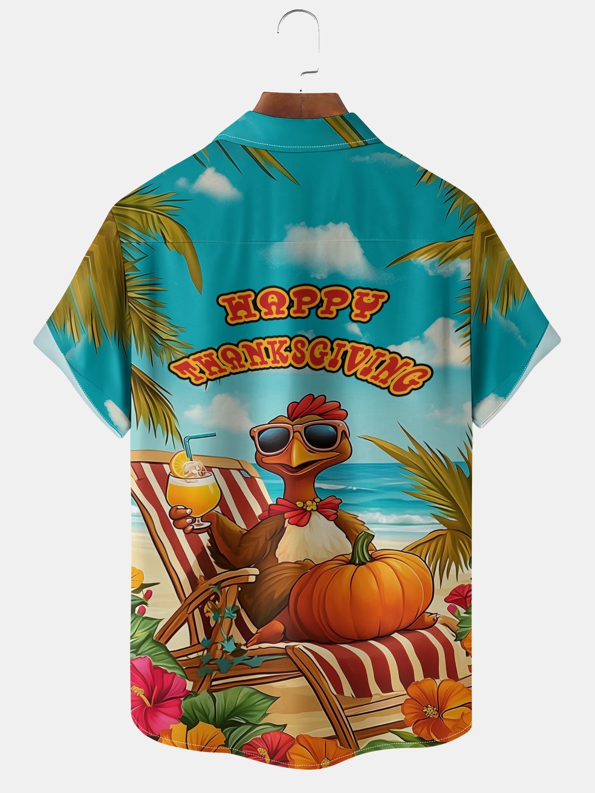 Moisture-wicking Thanksgiving Turkey Beach Vacation Chest Pocket Hawaiian Shirt