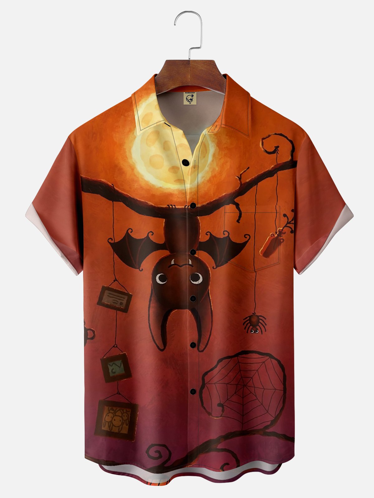 Moisture-wicking Halloween Upside-Down Bat Chest Pocket Hawaiian Shirt