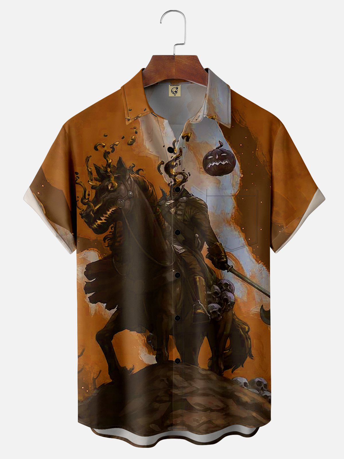 Moisture-wicking Halloween Headless Horseman Art Painting Chest Pocket Hawaiian Shirt