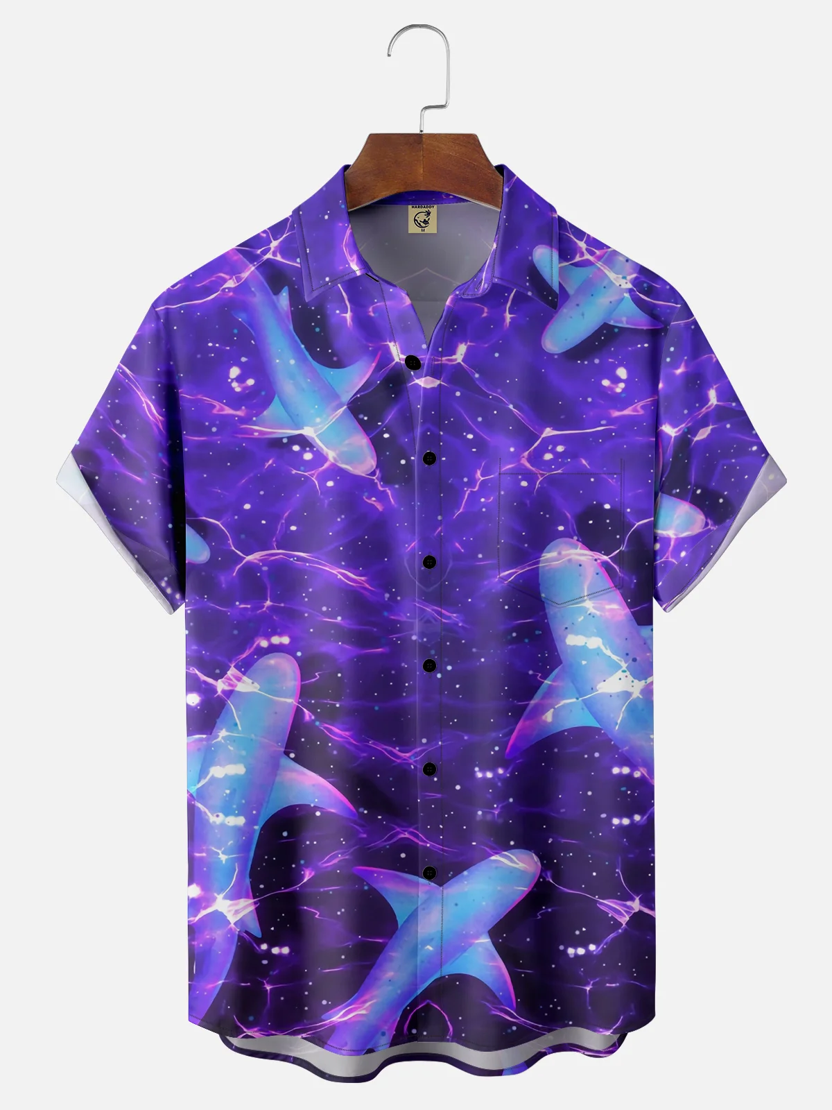 Moisture Wicking Abstract Shark Chest Pocket Hawaiian Shirt