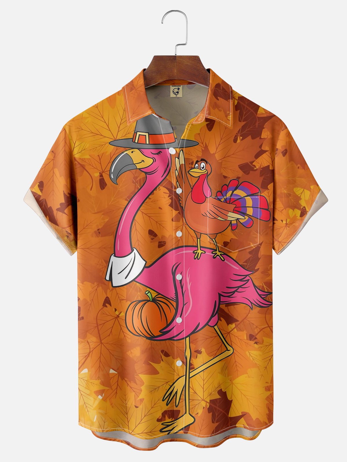 Moisture Wicking Thanksgiving Turkey Flamingo Chest Pocket Hawaiian Shirt