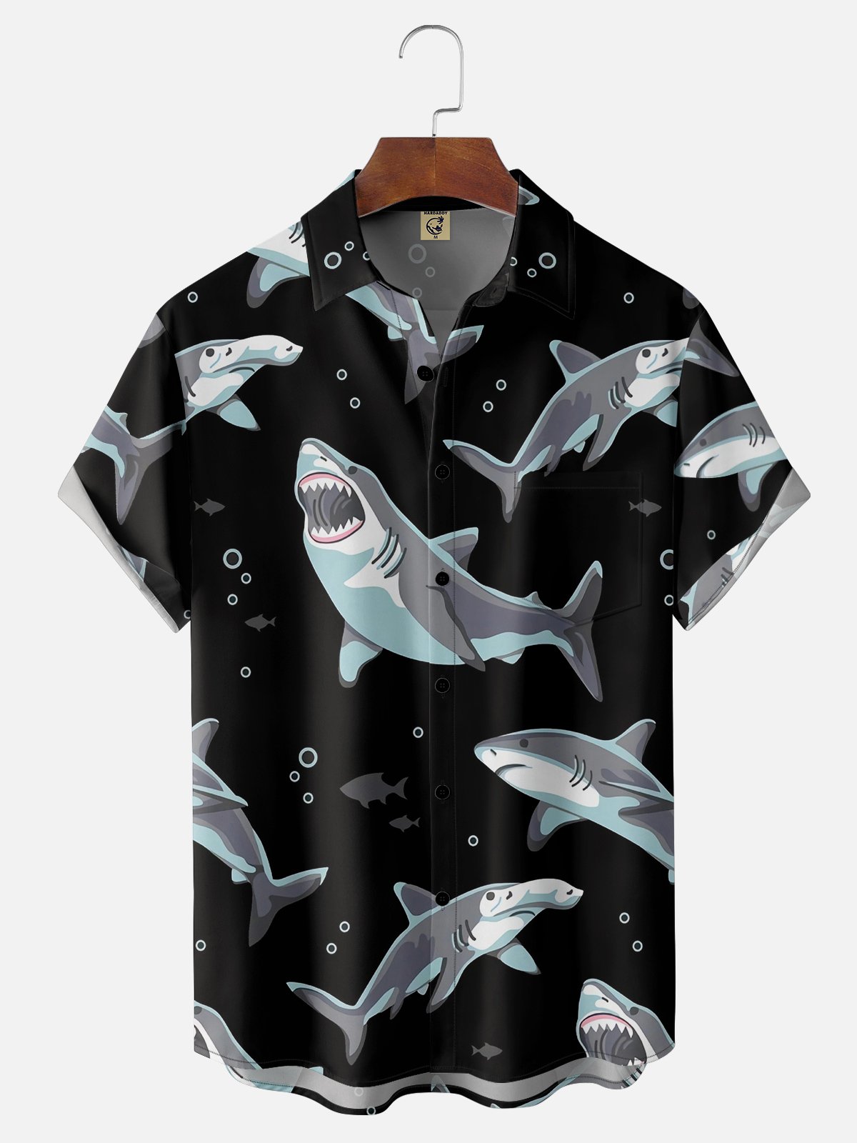 Moisture Wicking Abstract Shark Chest Pocket Hawaiian Shirt