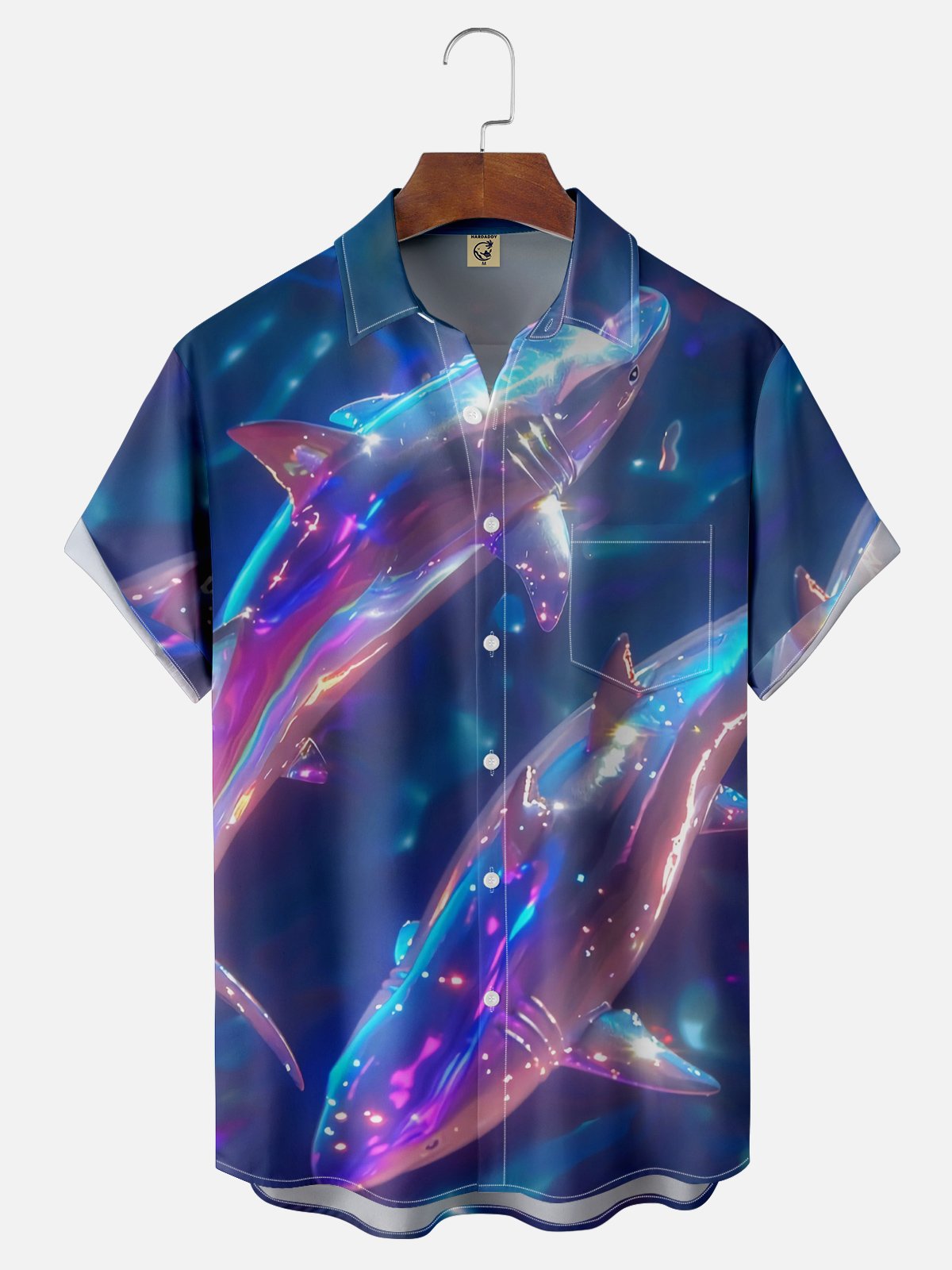 Moisture Wicking Abstract Shark Chest Pocket Hawaiian Shirt