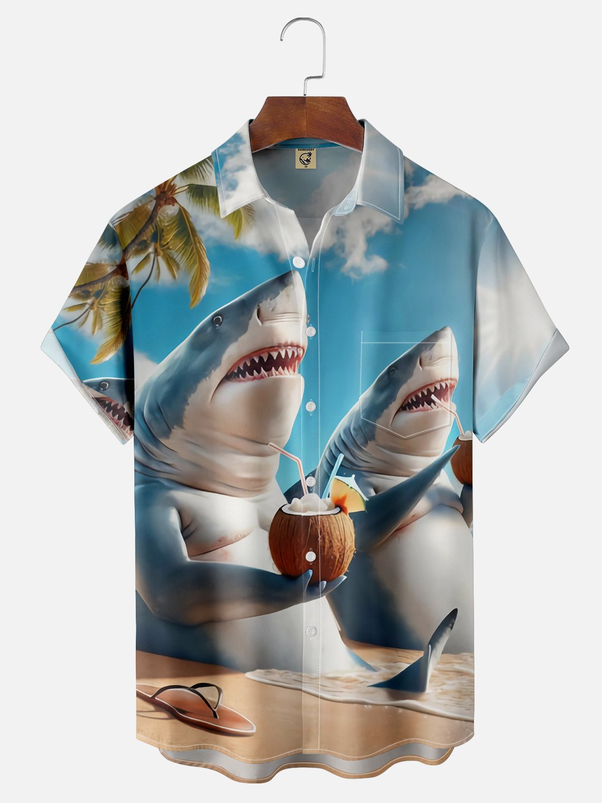 Moisture Wicking Beach Shark Chest Pocket Hawaiian Shirt