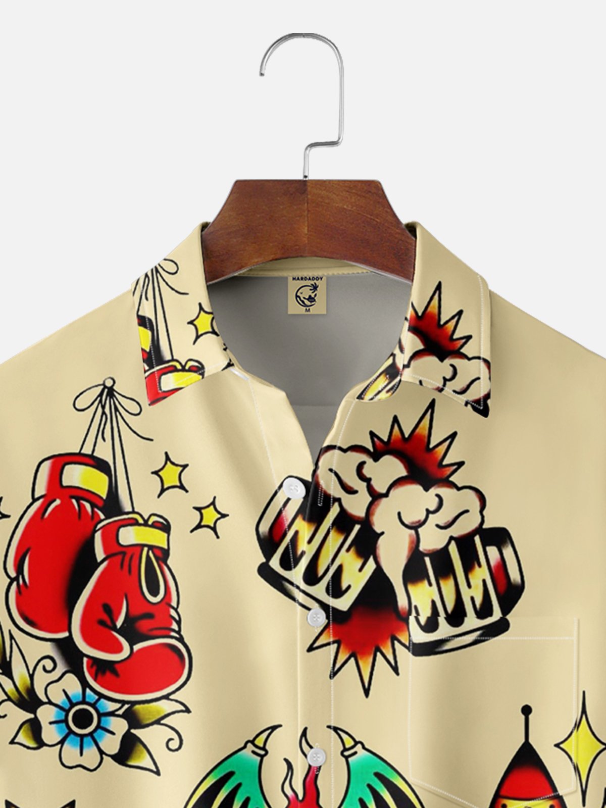 Moisture-wicking Boxing Motorcycle Beer Rocket Tattoo Chest Pocket Hawaiian Shirt