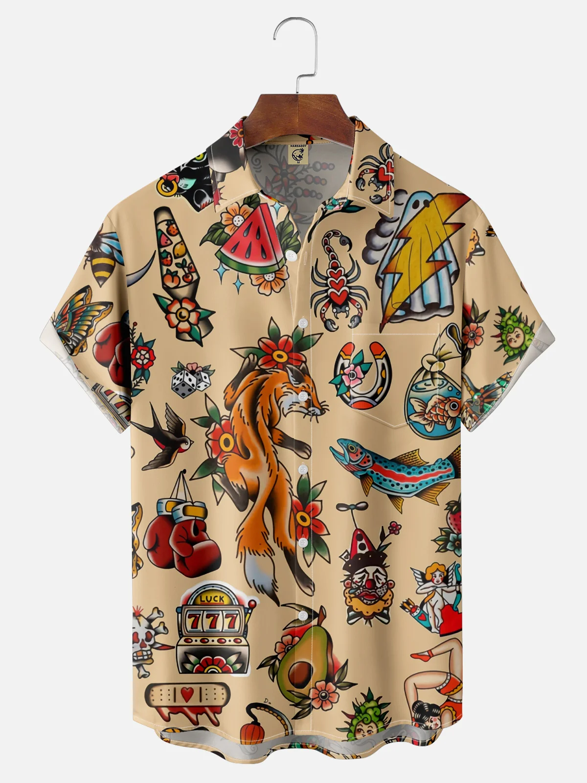 Moisture-wicking Fox Paramount Ghost Tattoo Chest Pocket Hawaiian Shirt