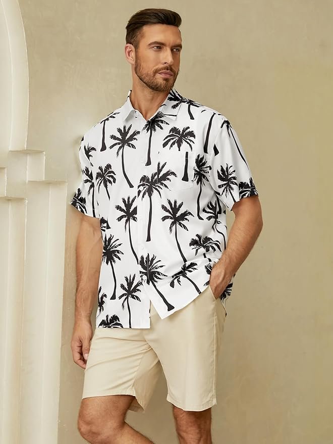 Palm Tree Chest Pocket Short Sleeve Hawaiian Shirt