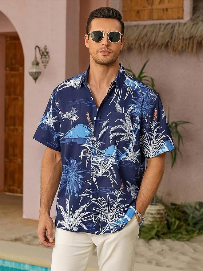 Tropical Palm Tree Chest Pocket Short Sleeve Beach Hawaiian Shirt