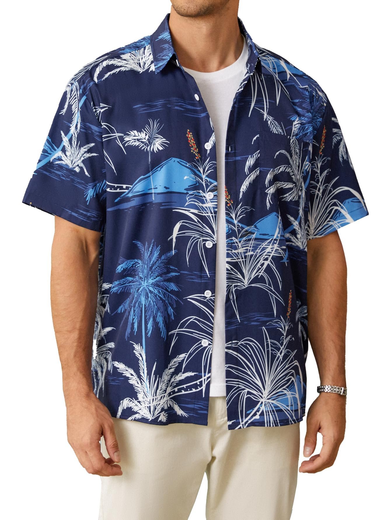 Tropical Palm Tree Chest Pocket Short Sleeve Beach Hawaiian Shirt