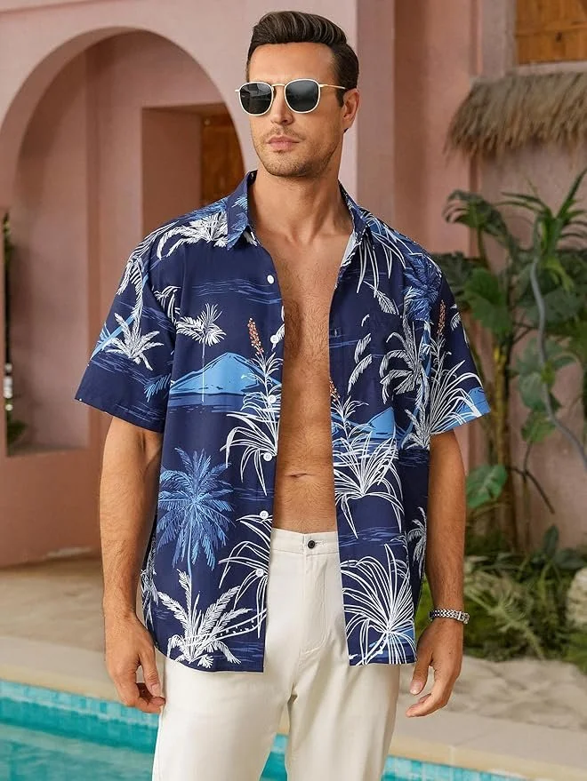 Tropical Palm Tree Chest Pocket Short Sleeve Beach Hawaiian Shirt