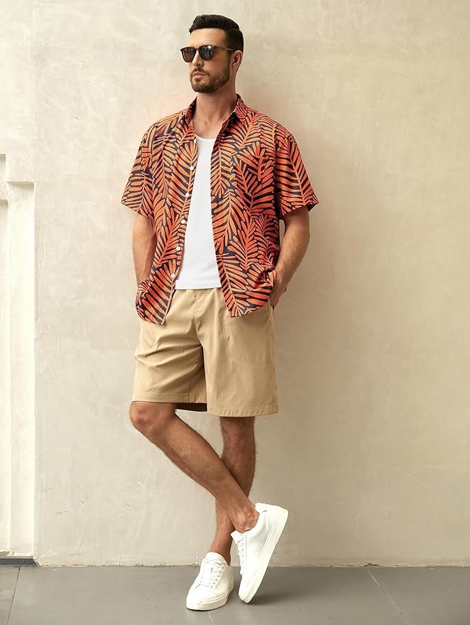 Leaf Chest Pocket Short Sleeve Beach Hawaiian Shirt