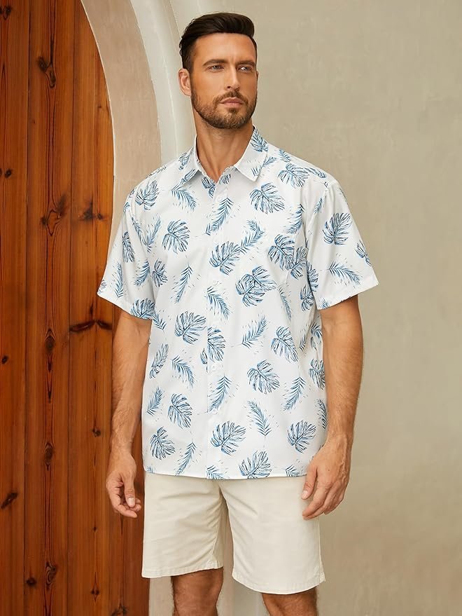 Leaf Chest Pocket Short Sleeve Beach Hawaiian Shirt