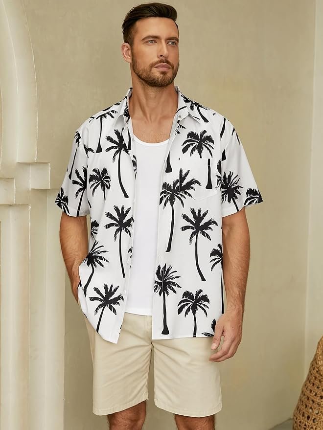 Palm Tree Chest Pocket Short Sleeve Hawaiian Shirt