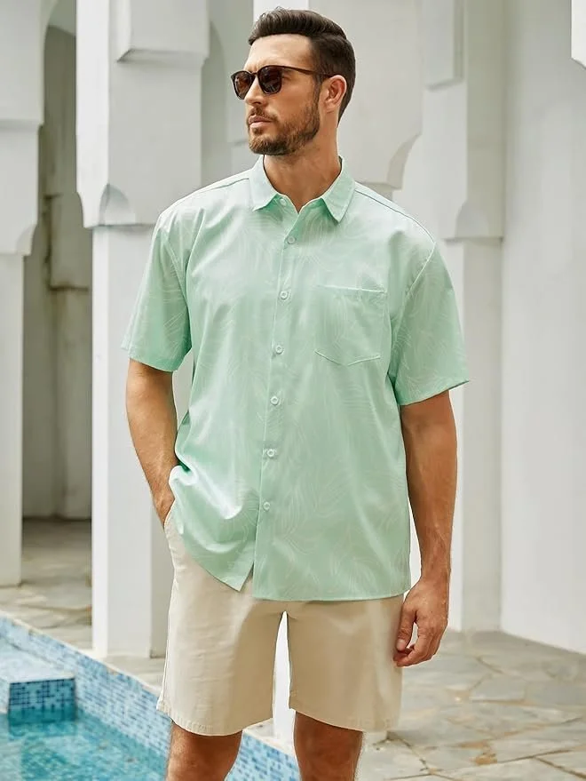 Tropical Leaf Chest Pocket Short Sleeve Beach Hawaiian Shirt