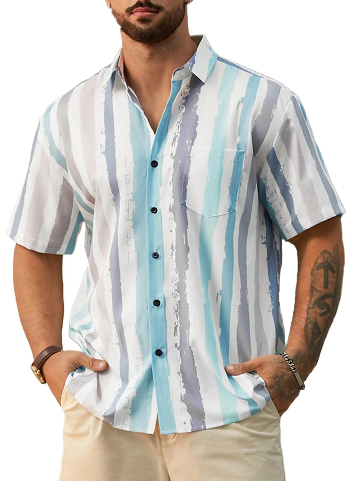 Striped Chest Pocket Short Sleeve Casual Shirt