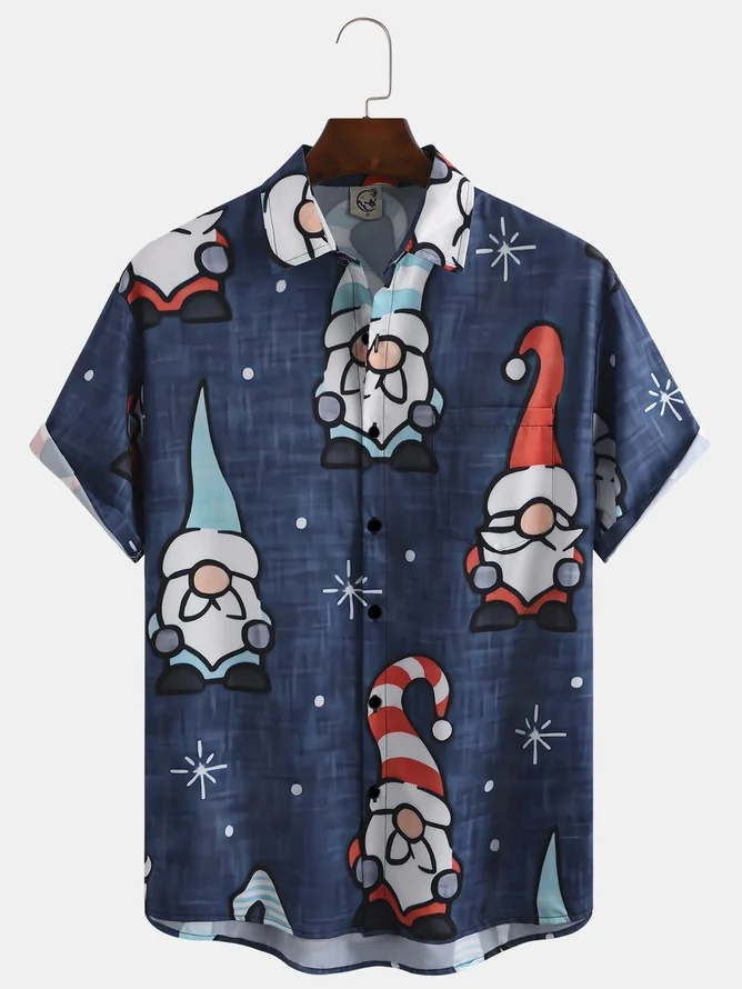 Casual Style Holiday Series Retro Christmas Christmas Gnome Element Pattern Lapel Short-Sleeved Shirt Print Top