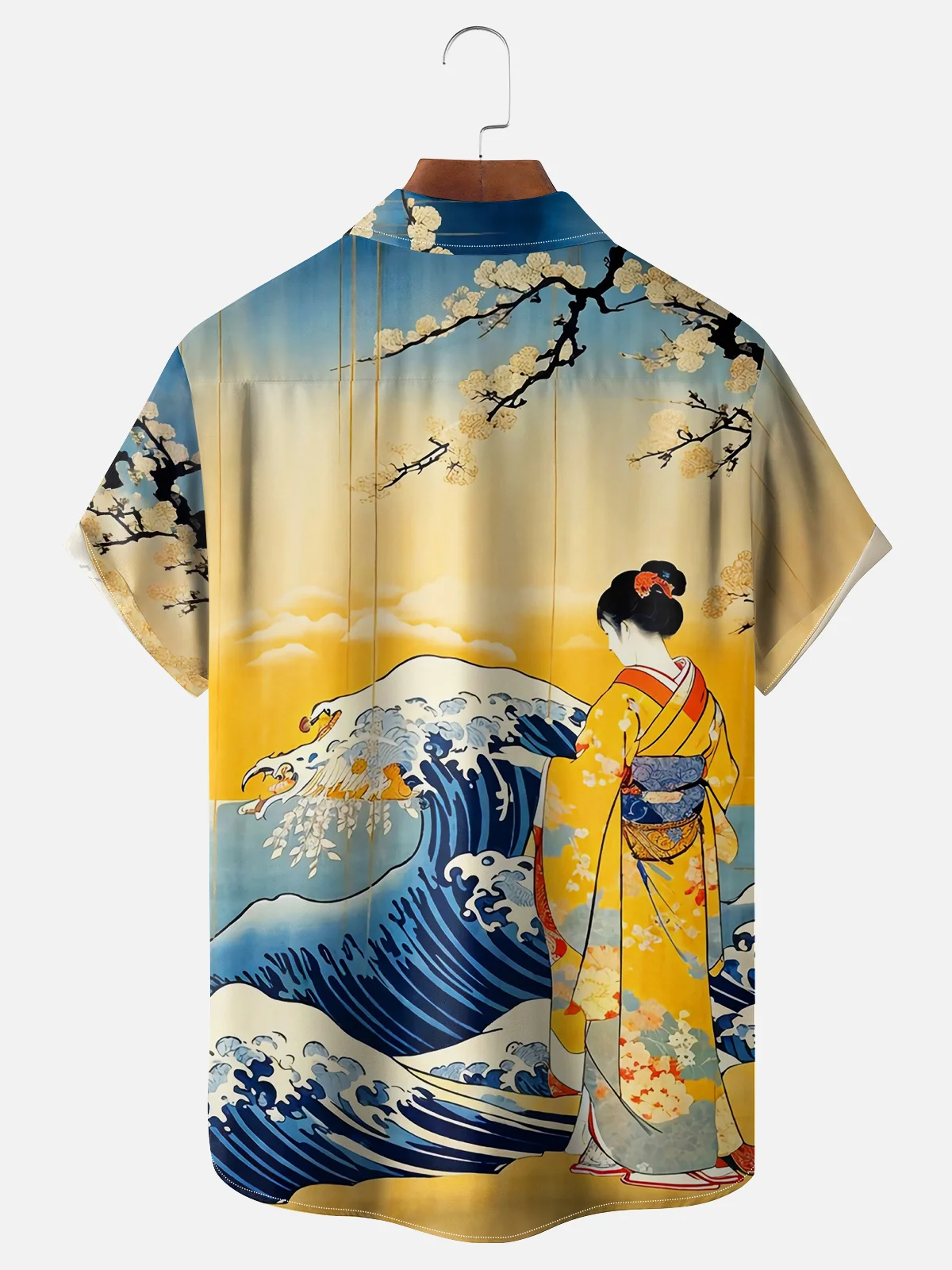 Moisture-wicking Japanese Ukiyo-e Wave Lady Chest Pocket Hawaiian Shirt