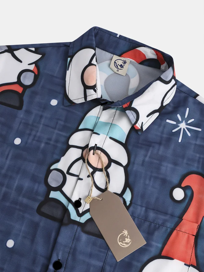 Casual Style Holiday Series Retro Christmas Christmas Gnome Element Pattern Lapel Short-Sleeved Shirt Print Top