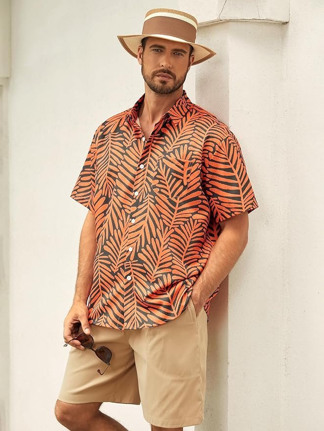 Leaf Chest Pocket Short Sleeve Beach Hawaiian Shirt