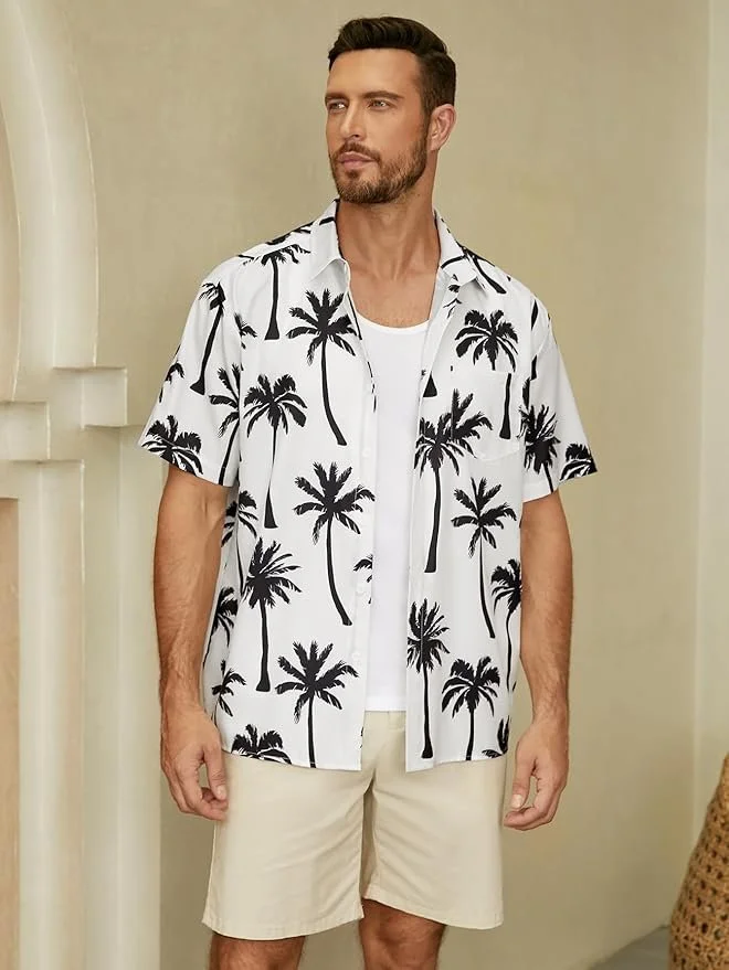 Palm Tree Chest Pocket Short Sleeve Hawaiian Shirt