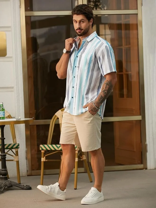 Striped Chest Pocket Short Sleeve Casual Shirt