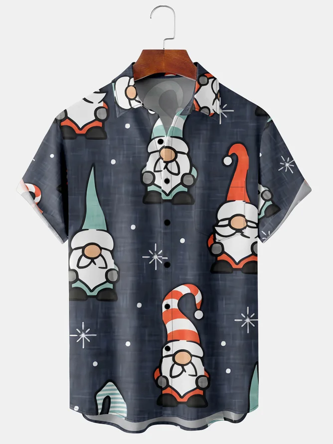 Casual Style Holiday Series Retro Christmas Christmas Gnome Element Pattern Lapel Short-Sleeved Shirt Print Top