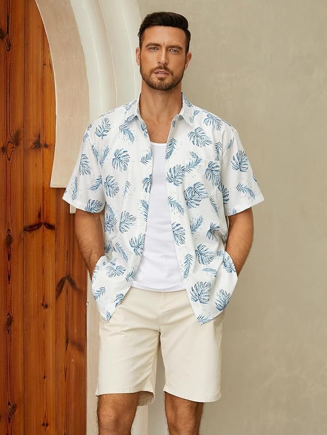 Leaf Chest Pocket Short Sleeve Beach Hawaiian Shirt