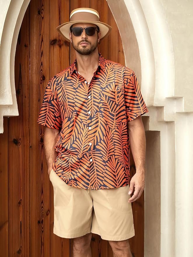 Leaf Chest Pocket Short Sleeve Beach Hawaiian Shirt