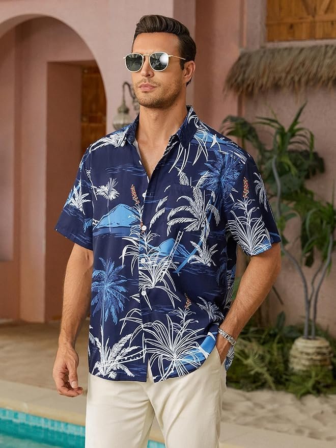 Tropical Palm Tree Chest Pocket Short Sleeve Beach Hawaiian Shirt